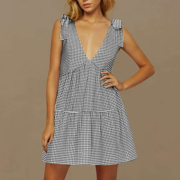 Women's Dresses Summer Plaid Print V-Neck Mid-Length Dress Leisure Slim Fit Sleeveless Ruffle Flowy Sundresses
