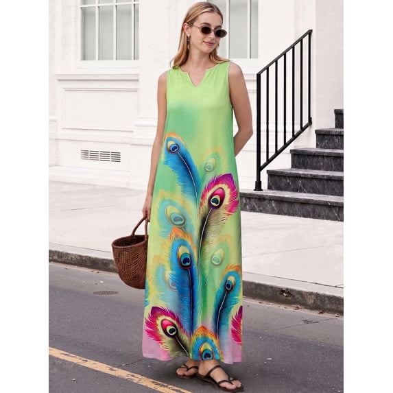 OYYN Women's A-Line Sleeveless V-Neck Relaxed Fit Maxi Casual Dress
