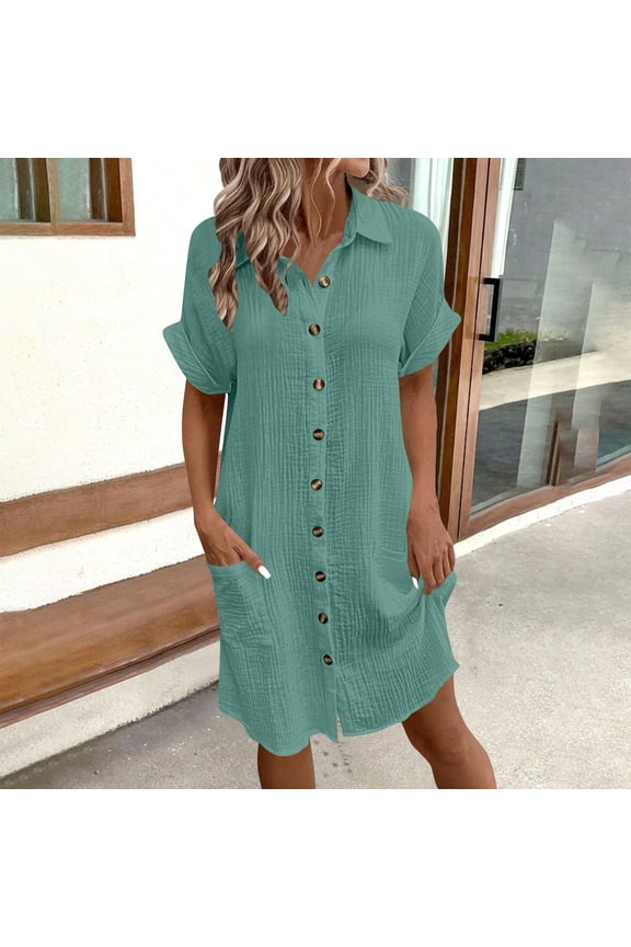 Women's Dresses Summer V Neck Button Detail Short Sleeve Knee Length Simple Style Deep Dresses for Women Daily Casual Wear Fashionable Lightweight Women's Dresses