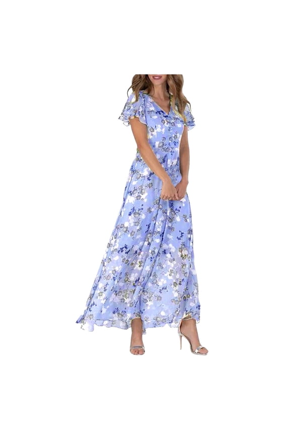 Women's Dresses Swing Long Dress Chiffon Floral Short Sleeve Ruffle V Neck Fashion Waist Flowy Dress Dresses Women Elegant Party Dress Sexy Easter Easter St. Patrick's Day Ladies Dress Purple M
