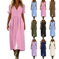 thumbnail image 1 of Women's Dresses V Neck Button Down Midi Dress Short Sleeve Linen Texture Loose Flowy Casual Dress with Pockets Vacation Sundress M, 1 of 8