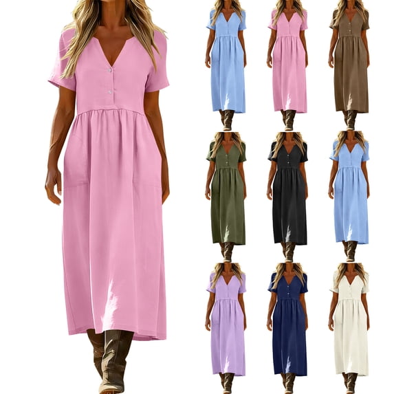 Women's Dresses V Neck Button Down Midi Dress Short Sleeve Linen Texture Loose Flowy Casual Dress with Pockets Vacation Sundress M