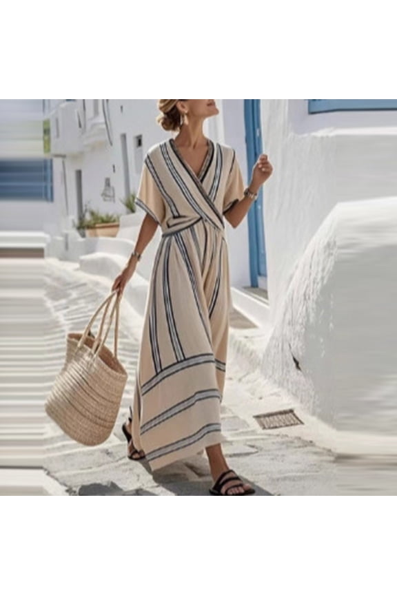 Women's Dresses V-Neck Short Sleeve Wrap Waist Flared Striped Maxi Ankle Dress Beige XL