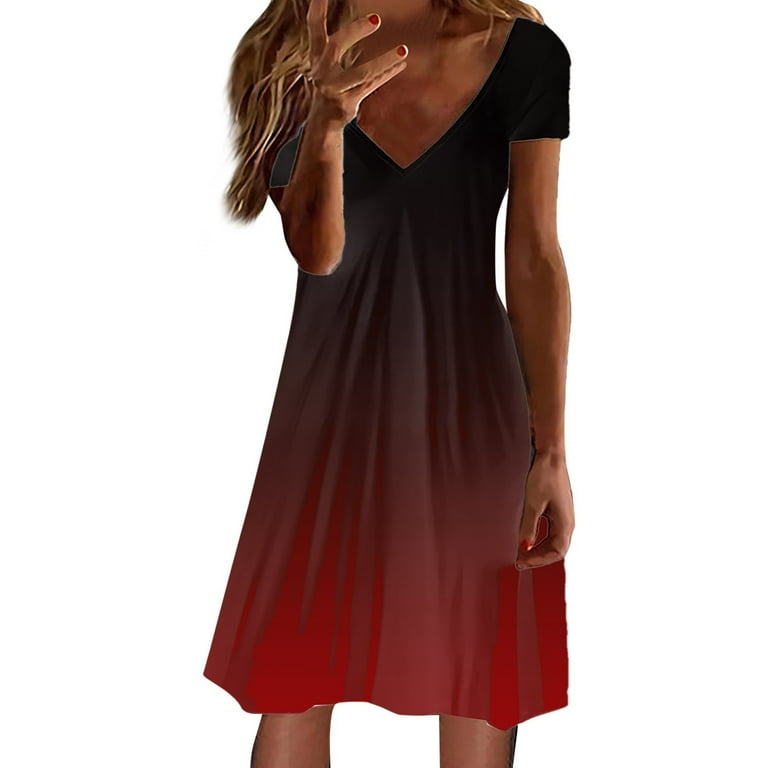 Women s Dresses V Neck Vintage Print Short Sleeve Mini Dress Watermelon Red S
