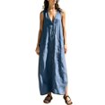 thumbnail image 1 of Women's Dresses Women's Casual Loose Fit Long Sleeveless Dress V Neck Button Down Collar Comfortable Blend Flowy Summer for Everyday Wear Beach Vacation Navy XXXL, 1 of 4