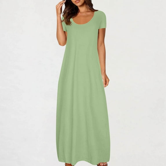 Women's Dresses Women's Large Pocket Solid Color Dress Sexy Round Neck Short Sleeved Dress Boho Dresses for Women Green 5XL
