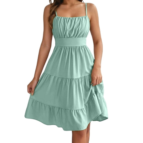 Women's Dresses Women's Sleeveless Square Neck Tiered Ruffle Smocked Waist Casual Summer Dress Spaghetti Strap Sleeveless Mini Solid Light Green L