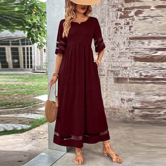Women's Plus Size Maxi Dress 3/4 Sleeve Round Neck Mesh Loose Pockets