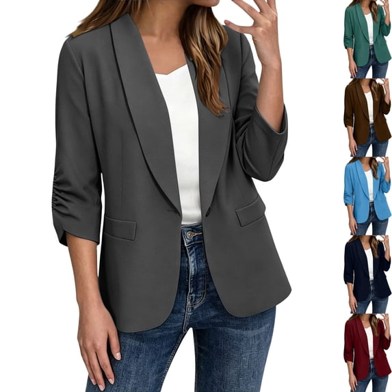 Women's Dressy 3/4 Sleeve Blazer Jacket Shawl Collar One Button Ruched Cuffs with Pockets Work Office Business Casual Suit Coat, Dark Gray, M