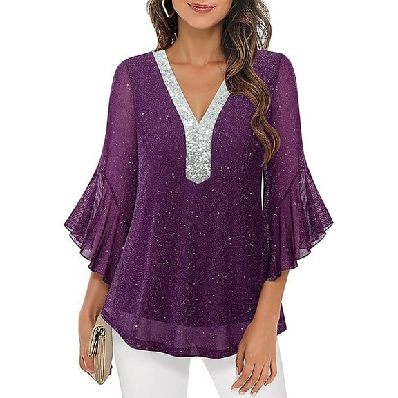 Women's Dressy Blouses Ruffle 3/4 Sleeve Mesh Sparkly Tops Loose Sequin V-Neck Elegant Layers Flowy Tunic Blouses Purple XXL