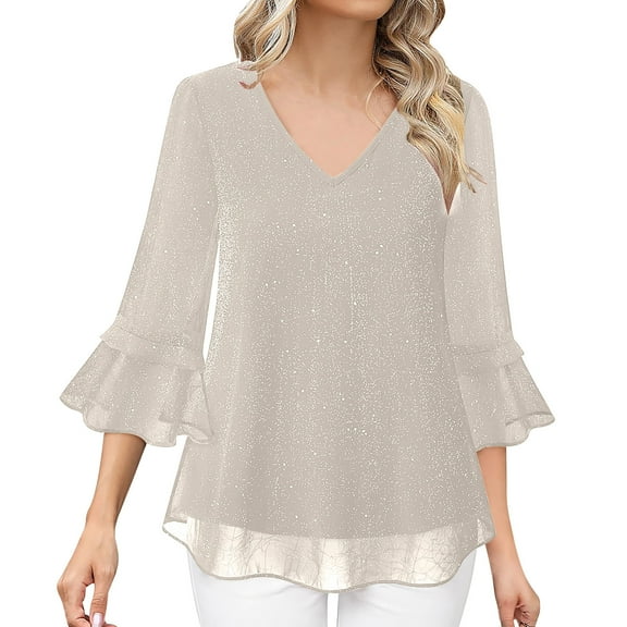 Women's Dressy Blouses Ruffle 3/4 Sleeve Peplum Sparkly Tops Loose V-Neck Elegant Double Layers Mesh Blouses Flowy Tunic Beige M