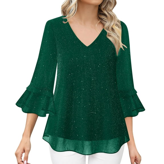 Women's Dressy Blouses Ruffle 3/4 Sleeve Peplum Sparkly Tops Loose V-Neck Elegant Double Layers Mesh Blouses Flowy Tunic Green L