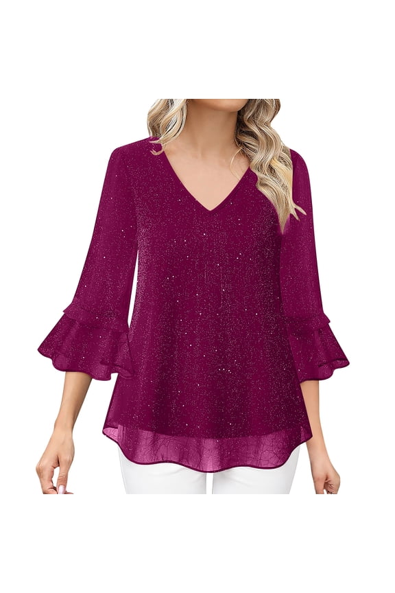Women's Dressy Blouses Ruffle 3/4 Sleeve Peplum Sparkly Tops Loose V-Neck Elegant Double Layers Mesh Blouses Flowy Tunic L