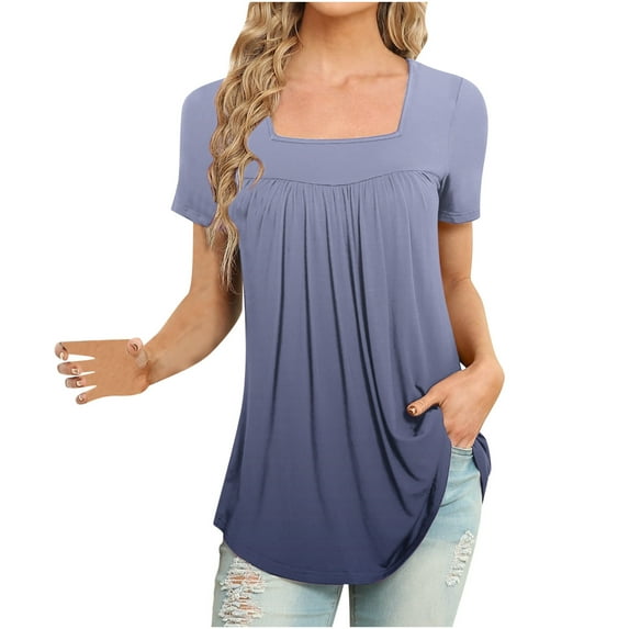 Women's Dressy Blouses Shirts Short Sleeve Tunic Tops Summer Casual Comfy Boho Floral T-Shirts with Pleated Strech