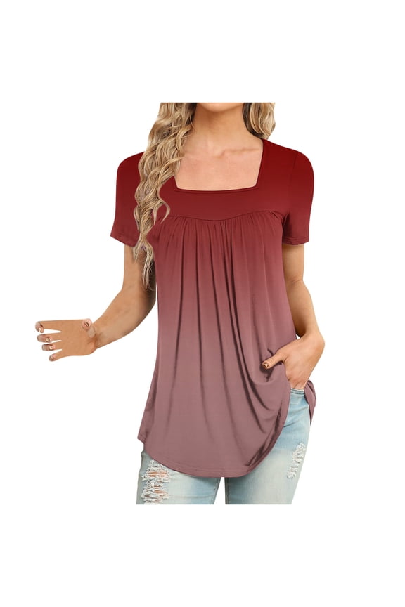 Women's Dressy Blouses Shirts Short Sleeve Tunic Tops Summer Casual Comfy Boho Floral T-Shirts with Pleated Strech