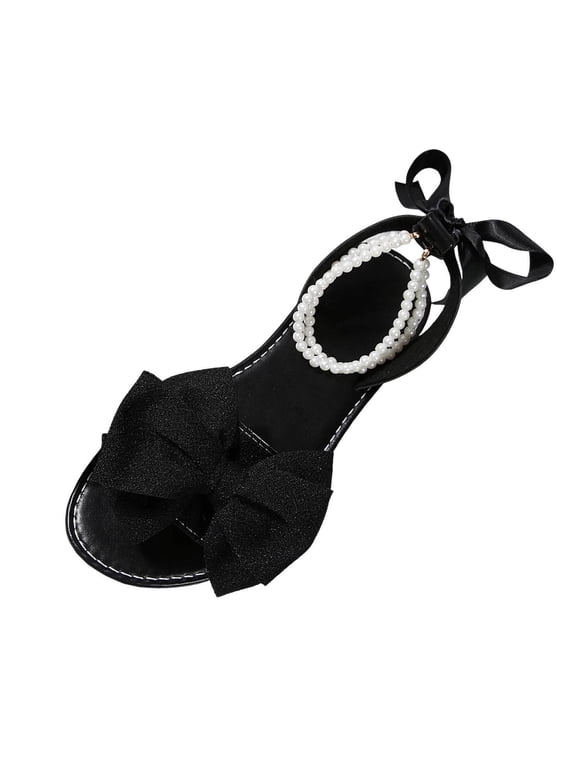 Women's Dressy Bow Flat Sandal Open Toe Slide Sandals Comfortable Wide Feet Friendly Beaded Vacation Flats Shoes