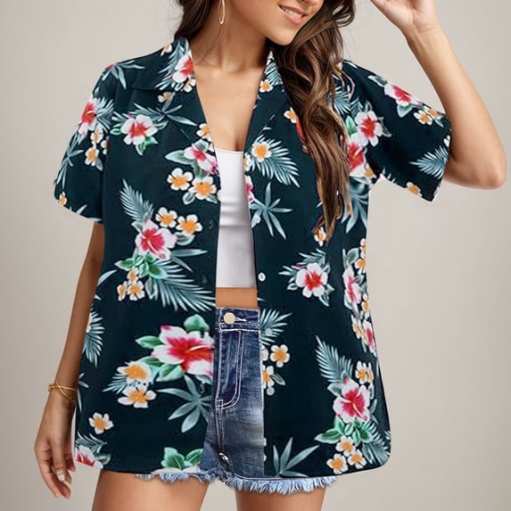 Women's Dressy Business Shirts Short Sleeve Collared Floral Print Casual Fashion Spring Tops Work Button Down Blouses