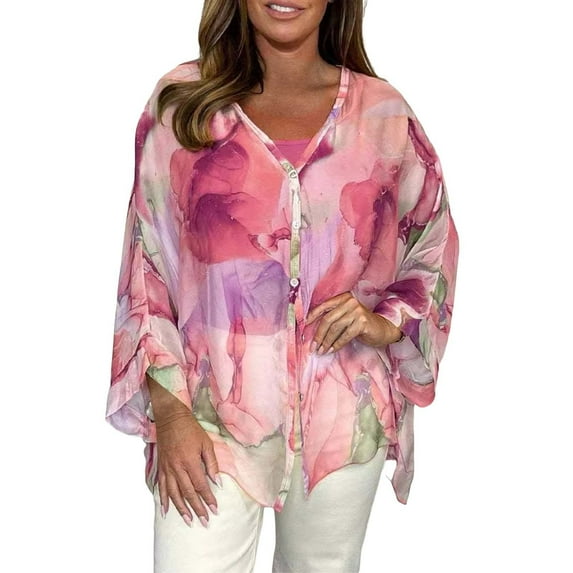 Women's Dressy Casual Blouse Long Sleeve Floral Print Button Down Shirts 2024 Chiffon V Neck Shirt