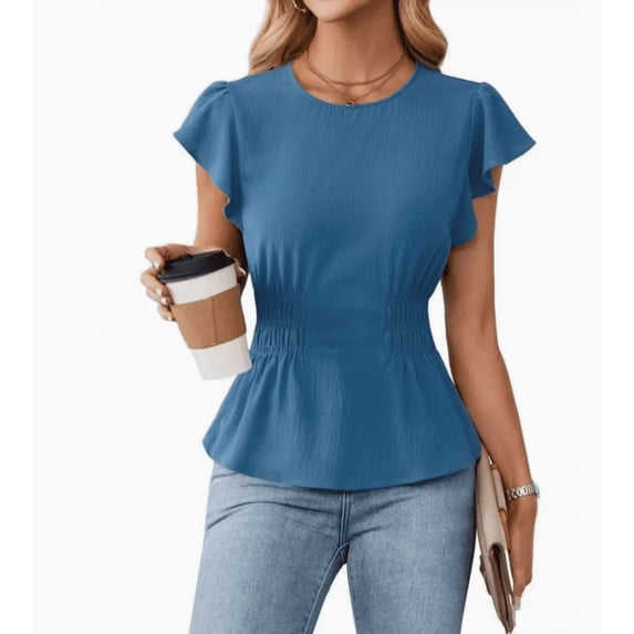 Women's Dressy Casual Blouses Business Ruffle Short Sleeve Tops Summer Crew Neck Smocked Shirts