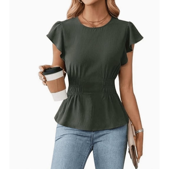 Women's Dressy Casual Blouses Business Ruffle Short Sleeve Tops Summer Crew Neck Smocked Shirts