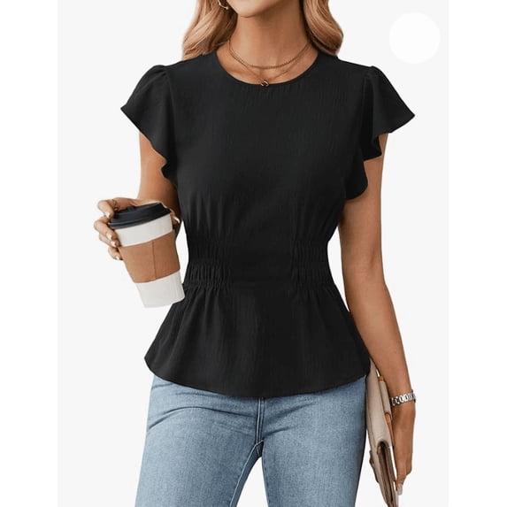 Women's Dressy Casual Blouses Business Ruffle Short Sleeve Tops Summer Crew Neck Smocked Shirts