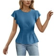 thumbnail image 1 of Women's Dressy Casual Blouses Business Ruffle Short Sleeve Tops T-Shirt 2025 Summer Crew Neck Smocked Shirts, 1 of 3