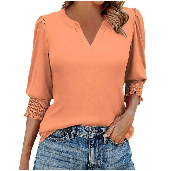 Women's Dressy Casual Blouses Business Work Tops Casual Printed 3/4 Length Sleeve Smocked Cuffs 2025 Fall Outfits Orange S-2XL