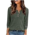 thumbnail image 1 of Women's Dressy Casual Blouses Business Work Tops Winter Casual Three-Quarter Sleeve Round Neck Solid Color Button Knitted Striped Brushed Loose Sweater 2026 Fall Outfits Green S-2XL, 1 of 7