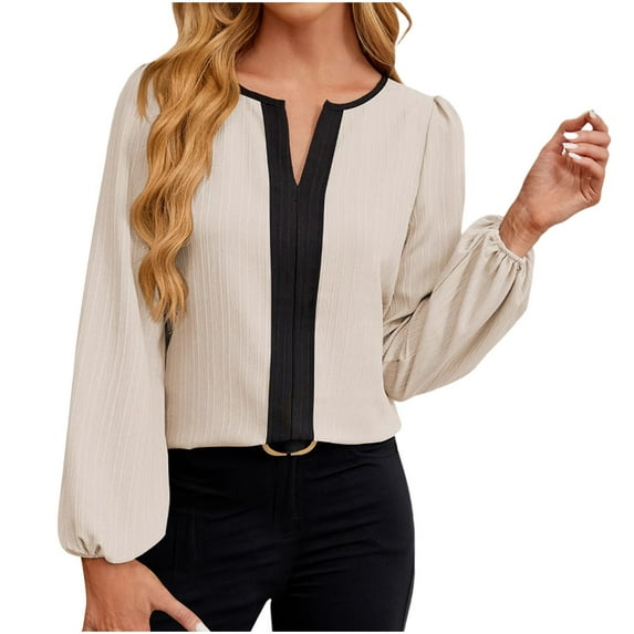 Women's Dressy Casual Blouses Colorblock Business Work Tops Long Sleeve V Neck Shirts 2025 Spring Outfits