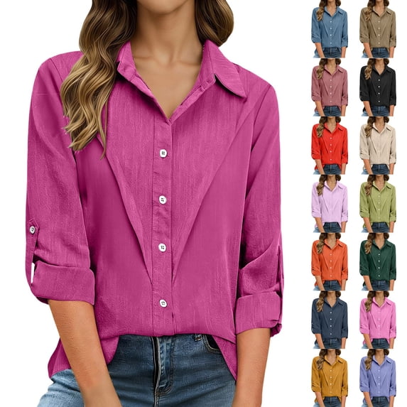 Women's Dressy Casual Blouses Long Sleeve Lapel Collared Button Down Solid Color Work Tops Collared Loose Fit Shirts