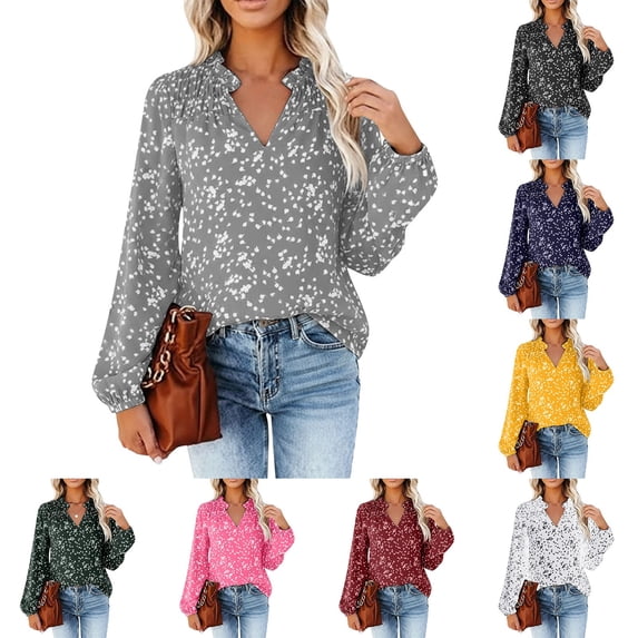 Women's Dressy Casual Blouses Puff Long Sleeve Spring Shirts V-Neck Dot Print Summer Tops