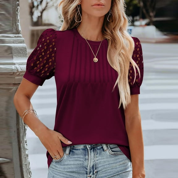 Women's Dressy Casual Blouses Puff Short Sleeve Lace Pleated Tops Business Work Shirts 2025 Trendy Summer T Shirt