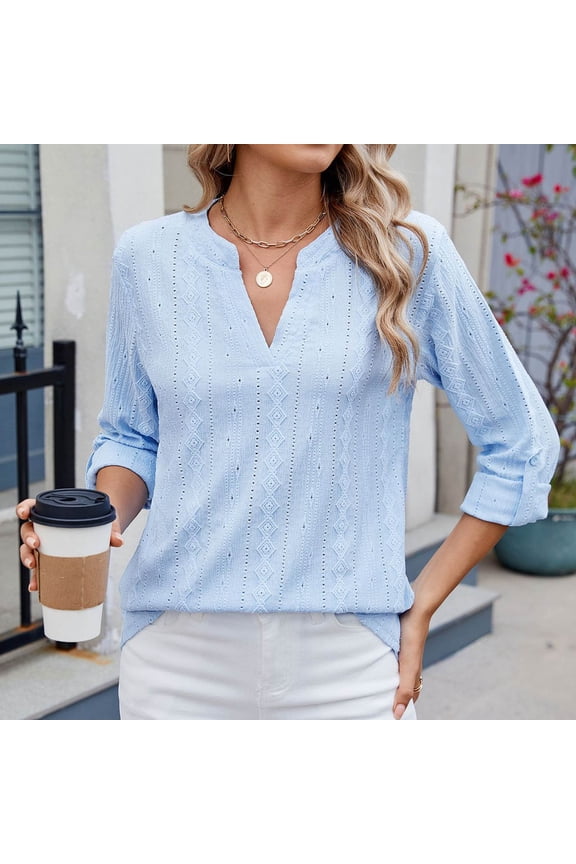 Women's Dressy Casual Blouses Roll Up 3/4 Sleeve V Neck Spring Tops Trendy Business Work Shirts Turtle Necks for Womens Long Sleeve Pack Tunic Raglan Shirt Juniors Womens Loose Fit Tops All Womens And