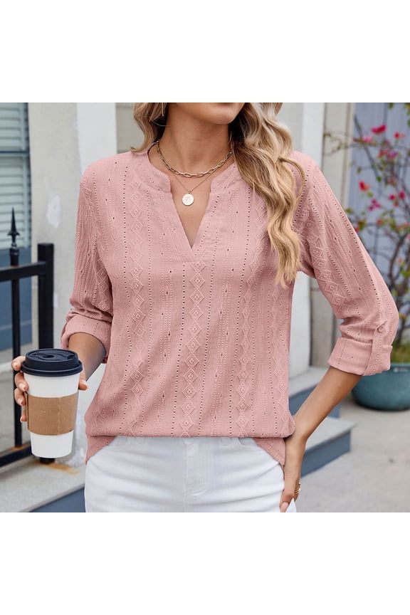 Women's Dressy Casual Blouses Roll Up 3/4 Sleeve V Neck Spring Tops Trendy Business Work Shirts Turtle Necks for Womens Long Sleeve Pack Tunic Raglan Shirt Juniors Womens Loose Fit Tops All Womens And
