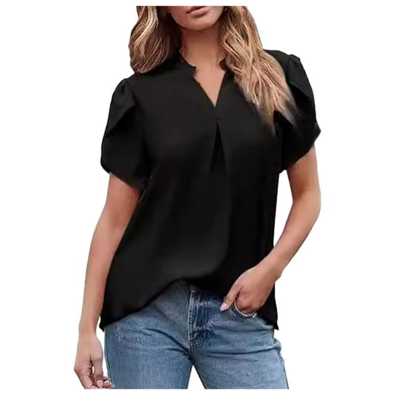 Women's Dressy Casual Business Work Blouses V Neck Loose Petal Short Sleeve T Shirts Womens Athletic Tee T Shirt for Women Casual Summer Tees for Women Trendy Womens Long Sleeve Tees Large Women T