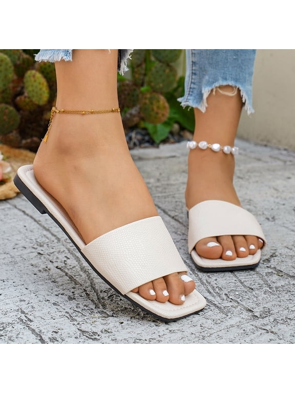 Women's Dressy Casual Flat Sandals, Elegant Comfortable Slip-On Slides, Versatile Dressy Style for Everyday Wear Beige 8.5