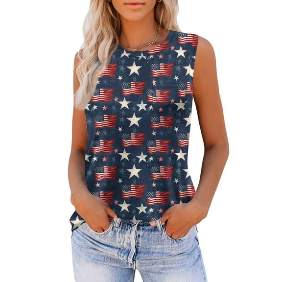 Women's Dressy Casual High Neck Tank Top, 2025 Loose Fit Independence Day Print Sleeveless Shirt with Side Pocket,Navy S