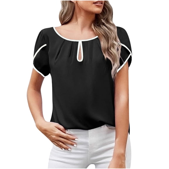 Women's Dressy Casual Keyhole Tops Round Neck Basic Pleated T Shirts Top Cap Sleeve Blouse for Summer for Teen Girls