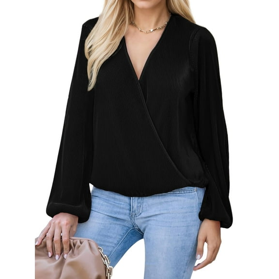 Women's Dressy Casual Long Sleeve Blouse Wrap V Neck Pleated Work Top