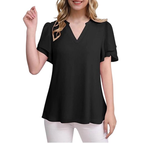 Women's Dressy Casual Shirts Short Sleeve V Neck Work Blouse Business Casual Summer Chiffon Tops Black XXL