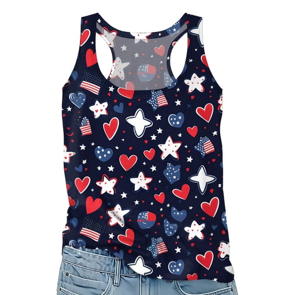 Women's Dressy Casual Sleeveless Tank Top, Loose Fit Independence Day Print Camisole for Summer Trendy & Cute Outfits,Navy S