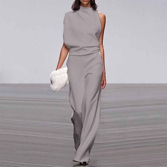 Women's Dressy Casual Summer Jumpsuits Sleeveless Mock Neck Wide Leg Pants Romper One Piece Formal Party Outfits Gray S