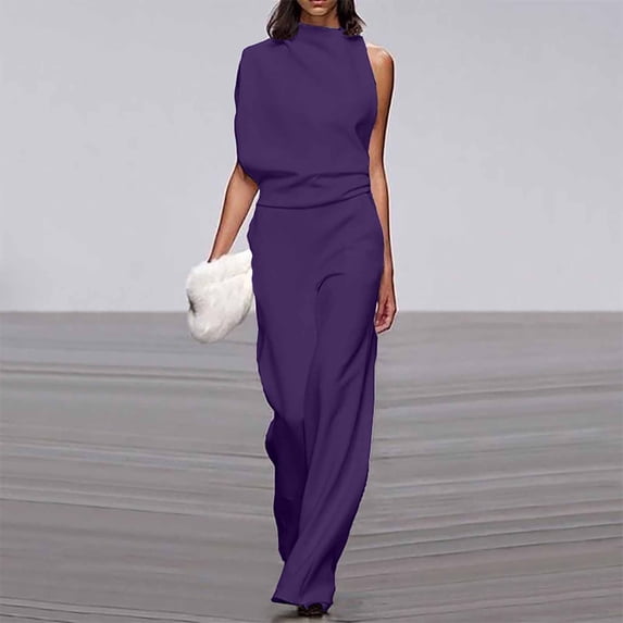 Women's Dressy Casual Summer Jumpsuits Sleeveless Mock Neck Wide Leg Pants Romper One Piece Formal Party Outfits Purple XL
