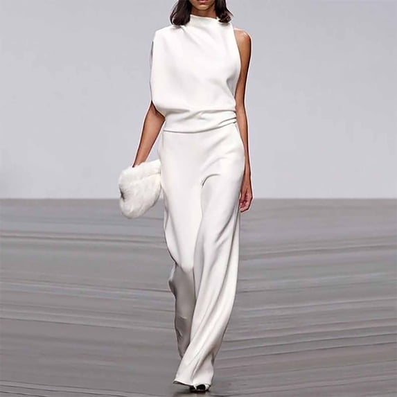 Women's Dressy Casual Summer Jumpsuits Sleeveless Mock Neck Wide Leg Pants Romper One Piece Formal Party Outfits White S