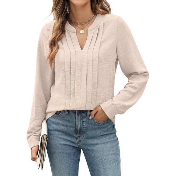 Women's Dressy Casual Top Business Work Shirt Long Sleeve V Neck Pleated Blouse Fall Outfits 2024