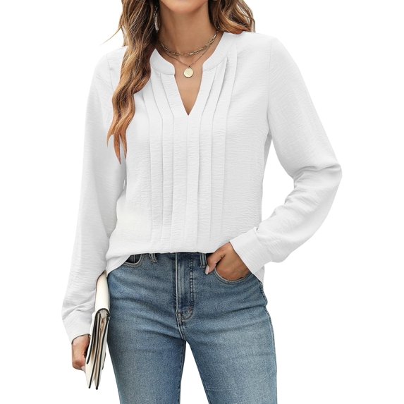 Women's Dressy Casual Top Business Work Shirt Long Sleeve V Neck Pleated Blouse Fall Outfits 2024