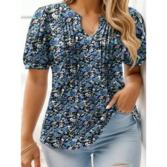 Women's Dressy Casual Top Puff Sleeve Summer Shirt Loose Trendy Pleated Blouse