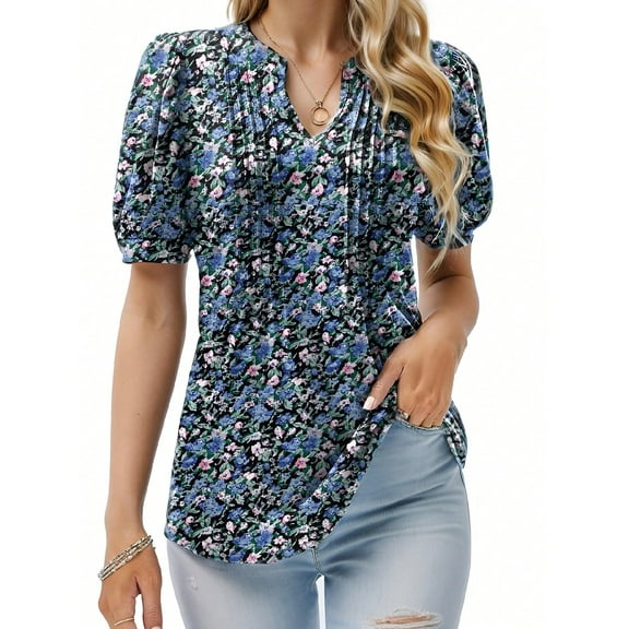 Women's Dressy Casual Top Puff Sleeve Summer Shirt Loose Trendy Pleated Blouse