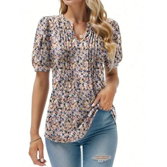 Women's Dressy Casual Top Puff Sleeve Summer Shirt Loose Trendy Pleated Blouse