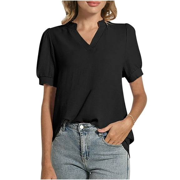 Women's Dressy Casual Tops Business Work Blouses White Button Down Shirts Cap Sleeve V Neck Tshirt